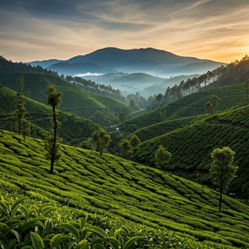 Rolling green tea plantation hills in Kerala's Western Ghats at sunrise