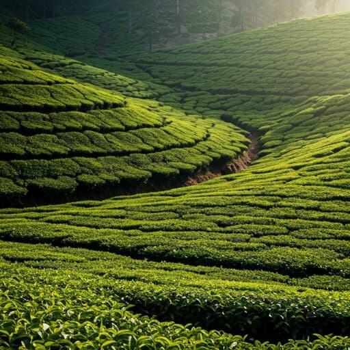 A misty tea plantation during Kerala's monsoon season