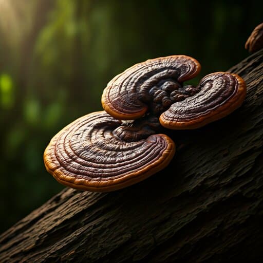 Ganoderma Lucidum mushrooms growing on a moss-covered log