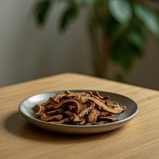 Dried, sliced Ganoderma mushroom prepared on a plate