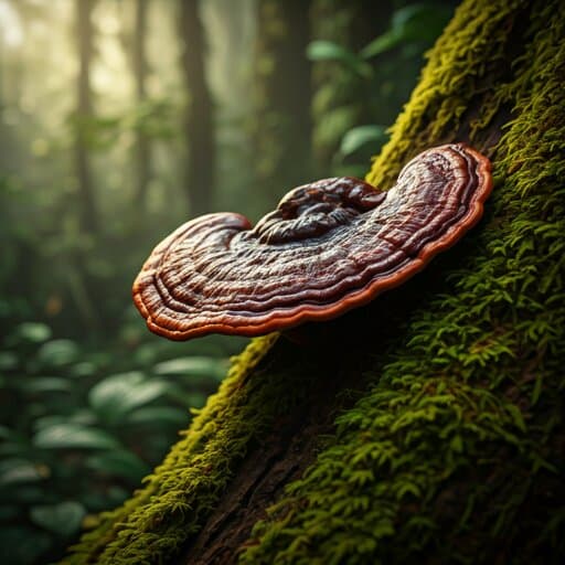 Wild shelf-fungus Ganoderma growing on a tree trunk among ferns