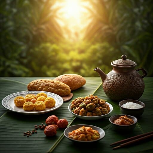 A spread of traditional Kerala dishes on banana leaves