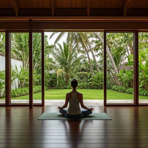 A person meditating in a wooden pavilion overlooking palm trees