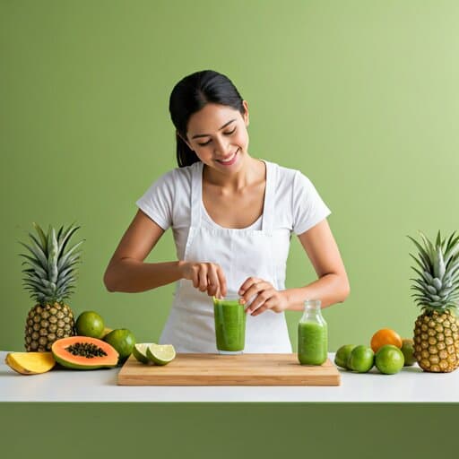 A smoothie being prepared with spirulina powder and fresh fruit