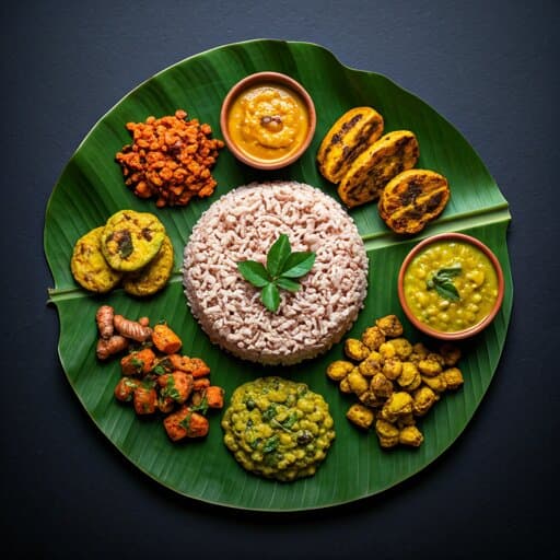 A traditional Kerala sadya feast served on a banana leaf