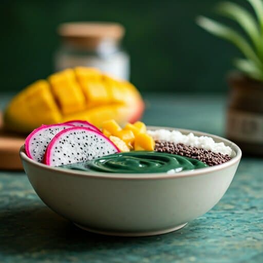 A vibrant green smoothie bowl topped with dragon fruit and seeds