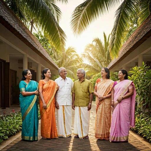 A Kerala family in traditional attire walking beneath palm trees