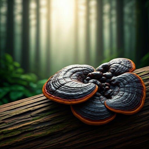 A cluster of reddish Ganoderma mushrooms growing on forest wood