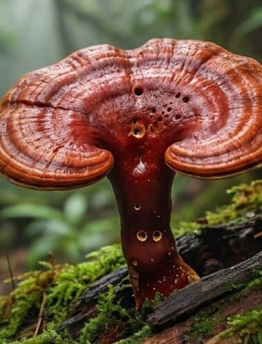 Ganoderma Lucidum (Reishi) mushroom growing on a moss-covered log