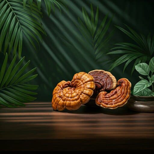Ganoderma mushrooms growing near palm leaves in a humid forest setting