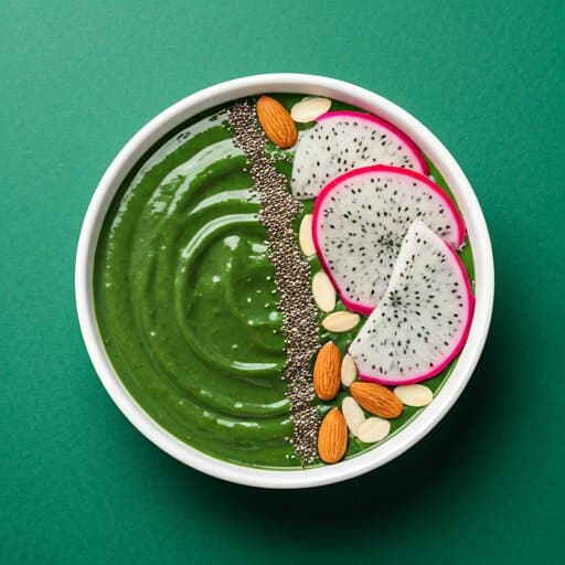 A vibrant spirulina smoothie bowl topped with fresh fruit