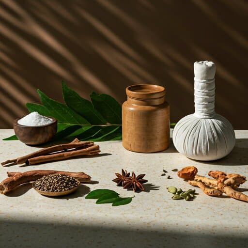 Ayurvedic massage tools, oils, and herbal compresses on a spa table