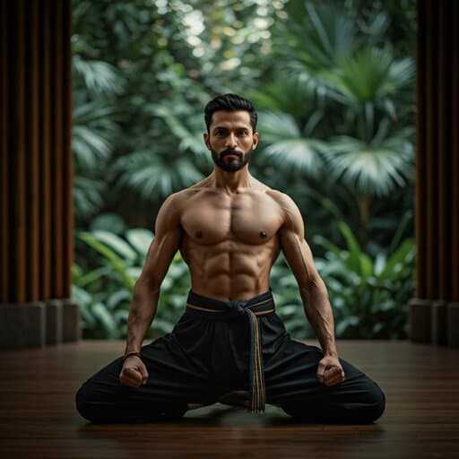 An adult practicing a gentle yoga pose as part of a fitness routine