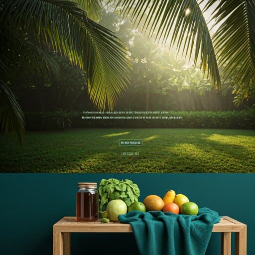 A lush tropical garden table with fresh wellness ingredients in Kerala