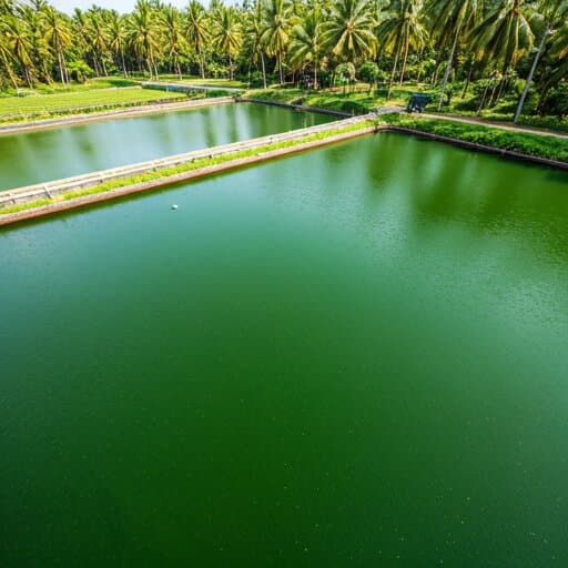 A commercial spirulina cultivation pond with visible algae growth