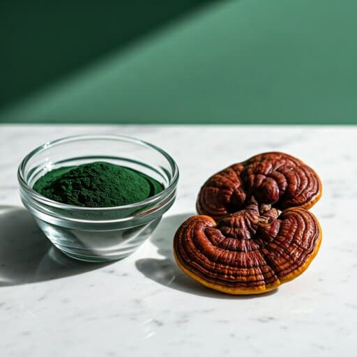 Two different medicinal mushroom powders side by side for comparison