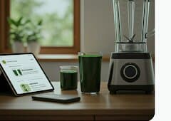 A tablet, blender, and fresh spirulina smoothie on a sunlit kitchen counter