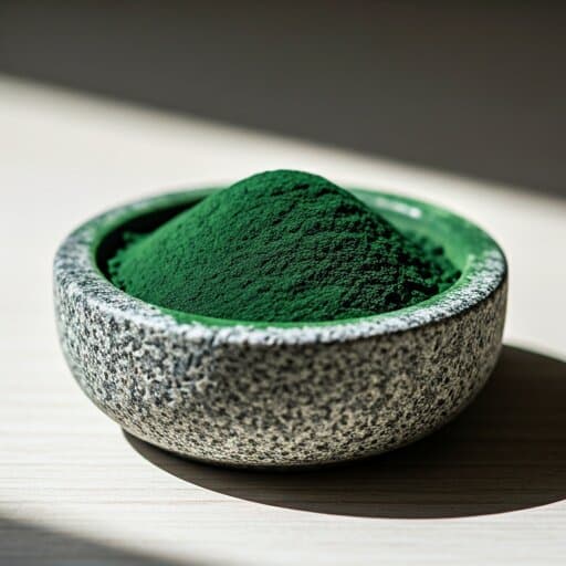 A stone bowl filled with vivid green spirulina powder