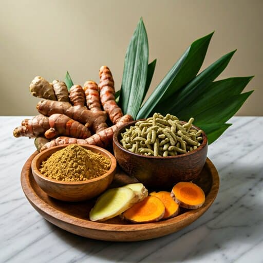 Fresh turmeric root, ginger, and ground spices in wooden bowls